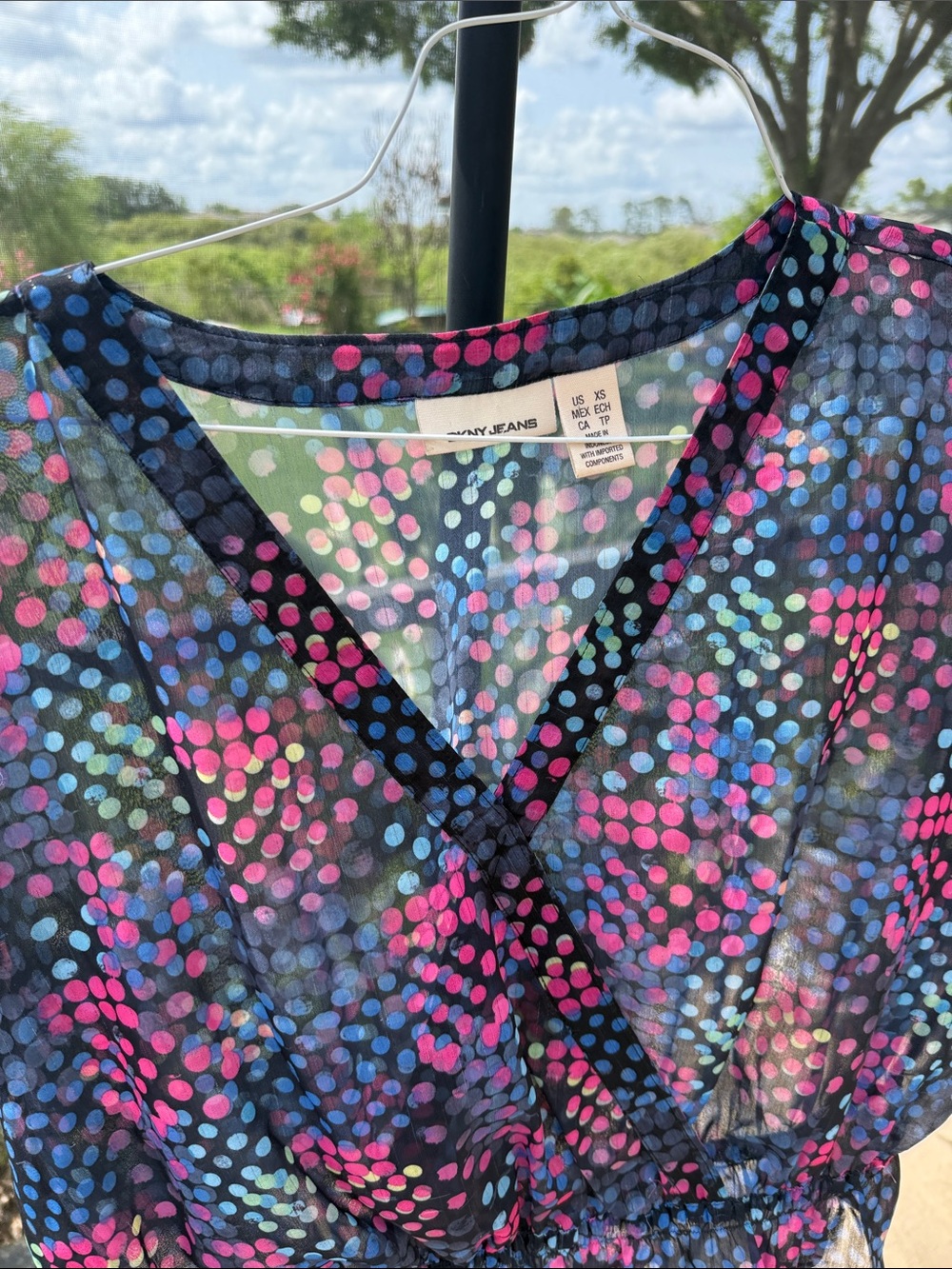 Dkny Navy Sheer Polka Dot V-Neck Blouse with Pink & Aqua Dots